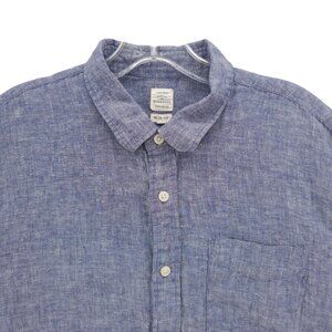GIORDANO 100% Linen Shirt Blue Woven SLIM FIT Long Sleeve Button Up Men's LARGE